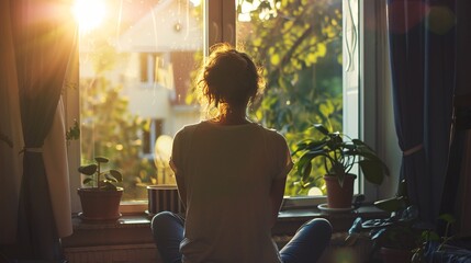 A woman finding relaxation at home, admiring the scenery from her window, while staying isolated and prioritizing self-care during quarantine.