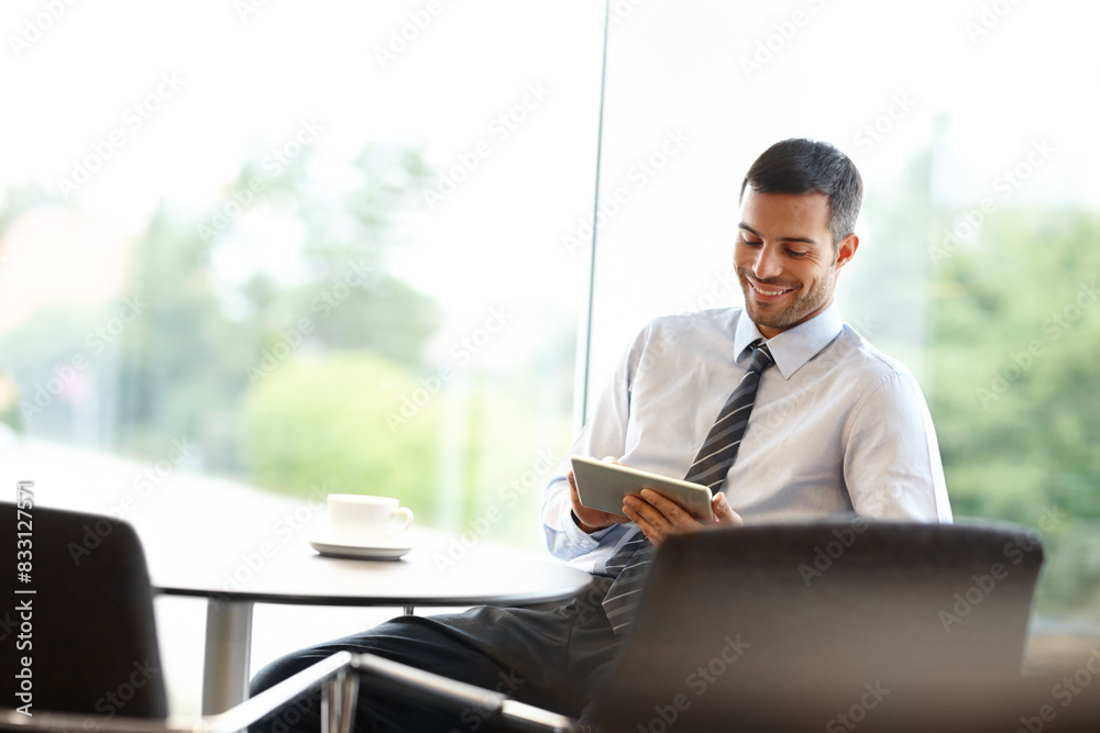 Canvas Prints Businessman, smile and sitting in office with tablet for crypto, easy investment with digital. Male trader, happiness or search for deal with blockchain technology, beat inflation with financial goal