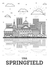 Fototapeta premium Outline Springfield Illinois City Skyline with Modern Buildings and Reflections Isolated on White. Springfield USA Cityscape with Landmarks.