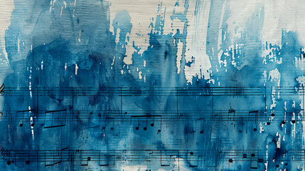 Old music sheet in blue watercolor paint. Blues music, Generative AI