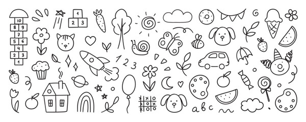 Children's drawings drawn in doodle style. Simple cute illustration isolated on white background.