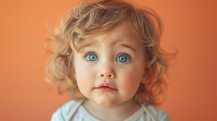 Naklejka premium child portrait of a toddler with a curious expression, set against a pastel orange background
