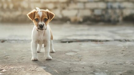 Adorable puppy standing on concrete ground with a blurred brick wall background. Cute dog exploring the outdoors with curious eyes. - Powered by Adobe