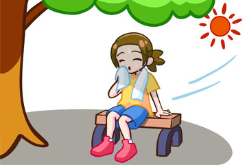 日陰で休む茶髪の女の子