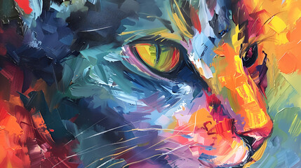 Oil cat portrait painting in multicolored tones. Conceptual abstract painting. Closeup painting oil and palette knife on canvas., Generative AI