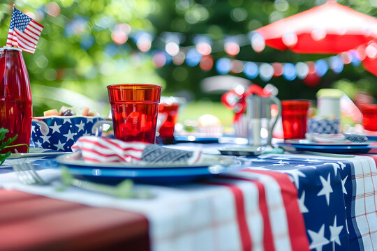 A festive Fourth of July backyard cookout featuring a picnic table set with decorations, creating an inviting atmosphere for a holiday celebration.