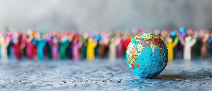 Miniature globe with a multicultural crowd in the background, symbolizing global community, diversity, and unity on a reflective surface.