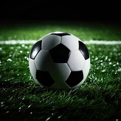 Fototapeta premium soccer ball on a vibrant green soccer field with the stadium in the background