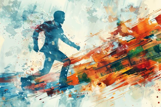 An artistic watercolor illustration showing an investor in pursuit of wealth, with dynamic visuals representing financial aspirations and growth