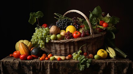 A basket filled with fresh fruits and vegetables,