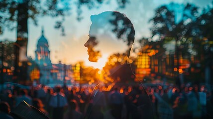 Fototapeta premium A silhouette of a person's face is superimposed over a blurred image of a city square filled with people at sunset.