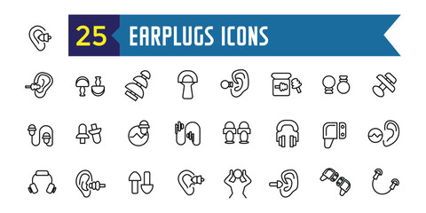 Earplugs icons set outline vector. Anti care device. Ear plug protection. Outline icon collection. Editable stroke.