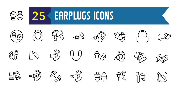 Earplugs icons set outline vector. Anti care device. Ear plug protection. Outline icon collection. Editable stroke.