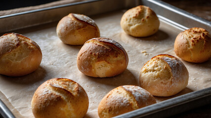 Freshly baked bread rolls on a parchment-lined baking tray, showcasing their golden-brown crusts