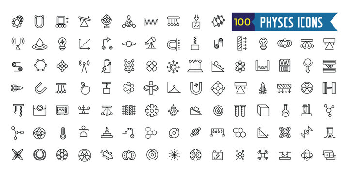 Physics icons set. Outline set of physics vector icons for ui design. Outline icon collection. Editable stroke.