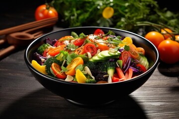 A fresh salad with colorful vegetables in a black bowl,