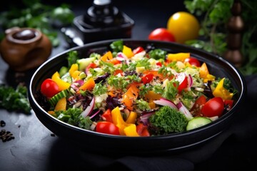 A fresh salad with colorful vegetables in a black bowl,