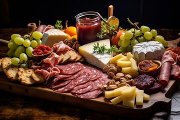 A gourmet charcuterie board with meats and cheeses,