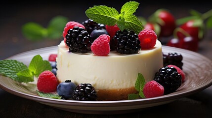 A luxurious cheesecake topped with berries and mint leaves,