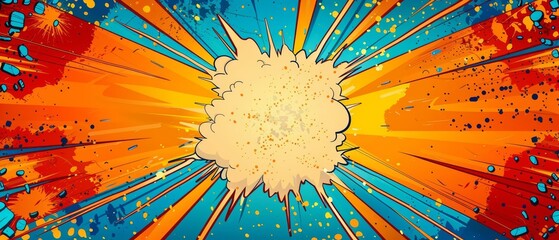 Blank comic explosion background, superhero theme, birthday card design, vibrant orange and blue rays, retro pop art style