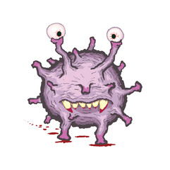 Cartoon virus character with menacing eyes and sharp teeth.
