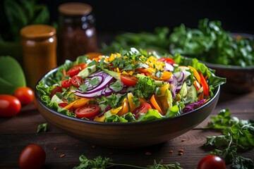 A salad bowl with fresh greens and colorful vegetables,