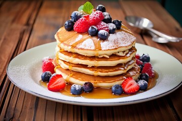 A stack of pancakes with fresh berries and syrup,