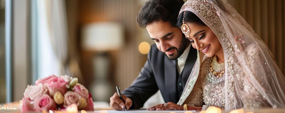 Islamic wedding with the couple signing their nikah contract