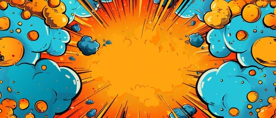 Comic book explosion with superhero theme, blank space for birthday card, vibrant pop art background, bold orange and blue bursts, retro design