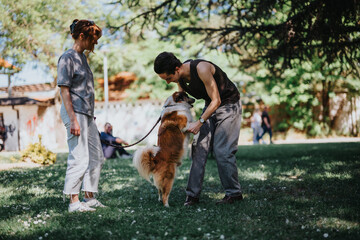 A happy couple enjoys a sunny day playing with their large dog in a lush park, embodying joy and togetherness. - Powered by Adobe