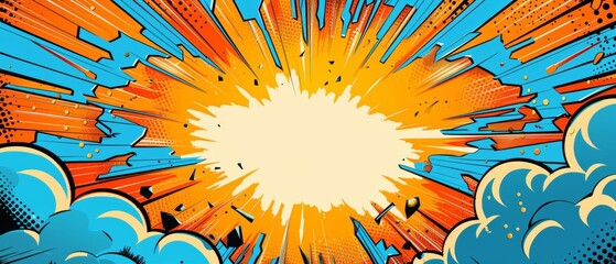 Superhero comic book explosion with blank space, birthday card template, colorful pop art background, dynamic orange and blue rays, comic style