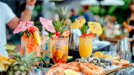 Beachside Bar Scene with Tropical Cocktails, Ice Cream Cones, Fresh Fruits, and Seafood Platters in a Bright and Sunny Ambiance with People Enjoying Summer Vacation
