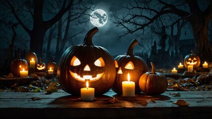 forest background at night with pumpkin heads and candles in the moonlight on halloween night