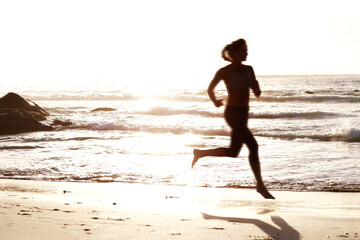 Silhouette, woman and sunset with ocean for runner with fitness or outdoor training in nature with...