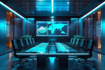 Modern conference room equipped with advanced technology, world map display, and sleek design, ideal for business meetings and presentations.