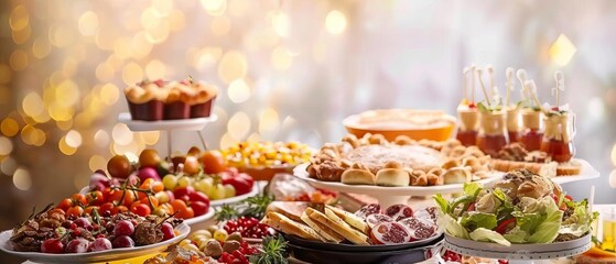 An elegant festive spread featuring various appetizers, salads, desserts, and beverages against a glowing bokeh background.