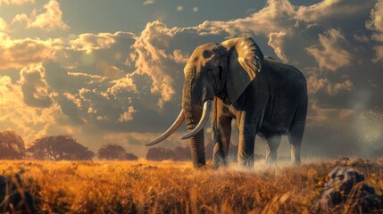 Naklejka premium An African elephant strides majestically during a sunny savannah sunset