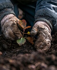 Close up of an elderly man's hands planting a young tree in a garden, with soil and gardening gloves visible
