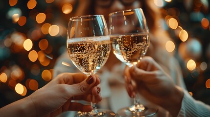 A close-up of business professionals toasting with glasses of sparkling wine at a festive end-of-year party.