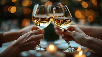 A close-up of colleagues toasting with glasses of vintage wine at a retirement farewell party for a senior executive.