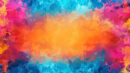 blue watercolor paint background design with colorful orange pink borders and bright center 