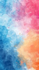 Obraz premium blue watercolor paint background design with colorful orange pink borders and bright center 