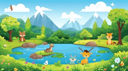Obraz premium Cartoon Vector Bright and cheerful cartoon landscape featuring a vibrant green forest, clean rivers, and animals celebrating World Environment Day Generative AI