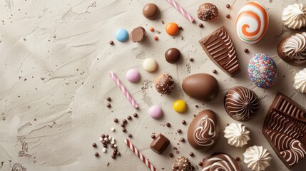 Concept of Easter candies Overhead image of chocolate eggs candy coated chocolates and meringue lollipops on a neutral background with space in between