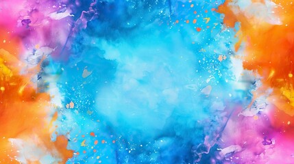 Obraz premium blue watercolor paint background design with colorful orange pink borders and bright center 