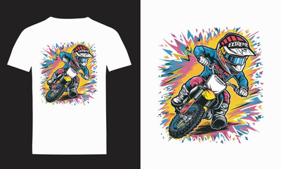 Dynamic Motocross Rider Illustration Extreme Sports Graphic T-Shirt Design.