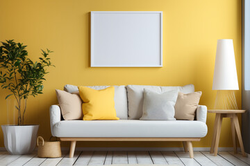 Modern living room interior with blank picture frame.