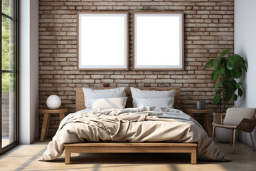 Modern bedroom interior with blank picture frame.