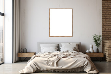 Modern bedroom interior with blank picture frame.