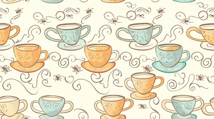 Hand-drawn seamless pattern depicting pastel-colored headphones, microphones, and musical notes, creating a modern and vibrant music design